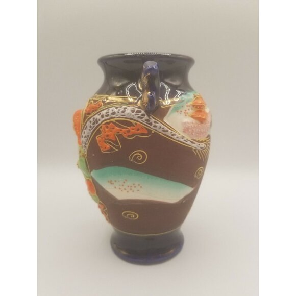 Japanese 1940's Satsuma Ware Vase w Handles Moriage Cobalt Blue Gold Gilt - Picture 2 of 10